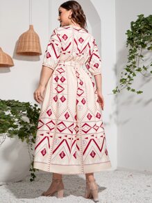 Mulvari 大碼幾何印花繫帶領燈籠袖繫腰帶連衣裙 - 彩色 - 查看 2