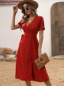 Vestido cruzado de manga enrollada escote cruzado con cinturón