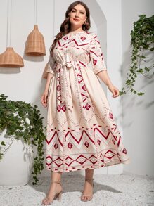 Mulvari 大碼幾何印花繫帶領燈籠袖繫腰帶連衣裙 - 彩色 - 查看 3