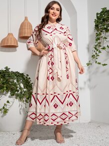 Mulvari 大碼幾何印花繫帶領燈籠袖繫腰帶連衣裙 - 彩色 - 查看 4