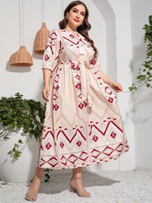 Mulvari 大碼幾何印花繫帶領燈籠袖繫腰帶連衣裙 - 彩色 - 查看 5