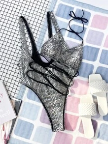 金屬質感連體泳衣帶比基尼泳裝上衣 - 銀色 - 查看 3