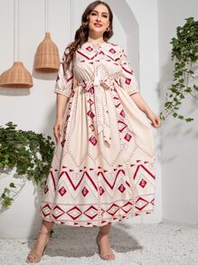 Mulvari 大碼幾何印花繫帶領燈籠袖繫腰帶連衣裙 - 彩色 - 查看 6