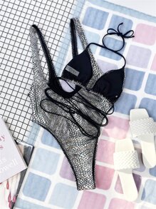 金屬質感連體泳衣帶比基尼泳裝上衣 - 銀色 - 查看 2