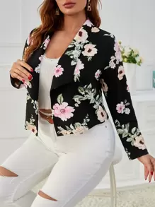 SHEIN Clasi 大碼印花開門襟西裝外套 - 黑色 - 查看 1