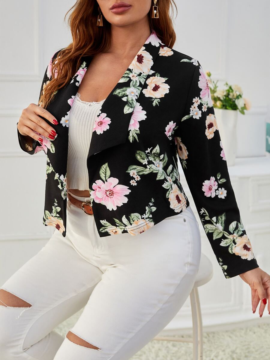 SHEIN Clasi 大碼印花開門襟西裝外套 - 黑色 - 查看 1