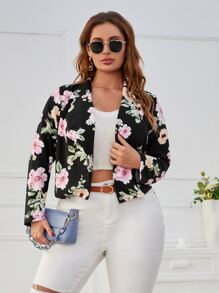 SHEIN Clasi 大碼印花開門襟西裝外套 - 黑色 - 查看 3