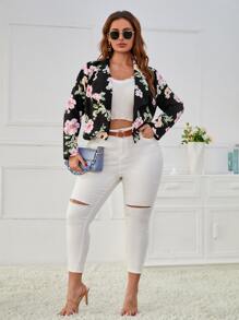 SHEIN Clasi 大碼印花開門襟西裝外套 - 黑色 - 查看 4