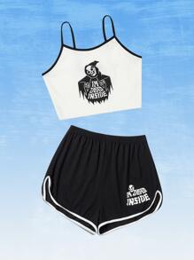 Catsneeze Goth Letter Skull Graphic Cami & Dolphin Shorts - Black and White - View 1