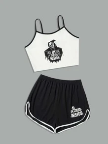 Catsneeze Goth Letter Skull Graphic Cami & Dolphin Shorts - Black and White - View 3