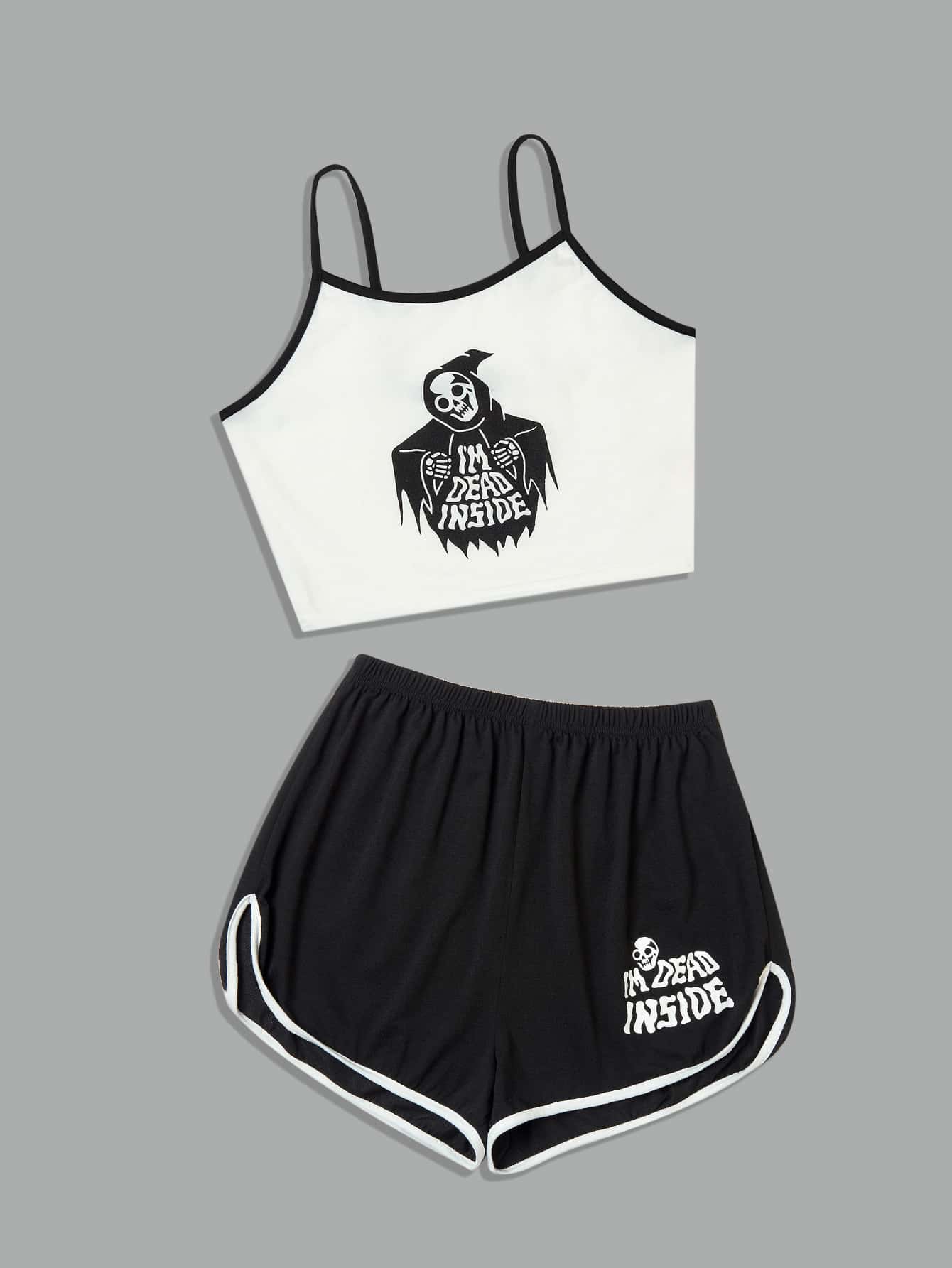 Catsneeze Goth Letter Skull Graphic Cami & Dolphin Shorts - Black and White - View 3