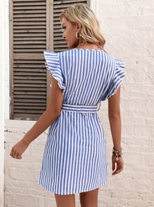 SHEIN Unity 條紋印花腰帶襯衫連衣裙 - 藍白色 - 查看 2