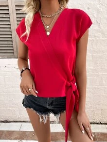 Áo sơ mi nữ Thắt nút Trọn gói màu trơn Giải trí - Đỏ - Xem 4