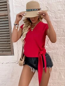 Áo sơ mi nữ Thắt nút Trọn gói màu trơn Giải trí - Đỏ - Xem 5