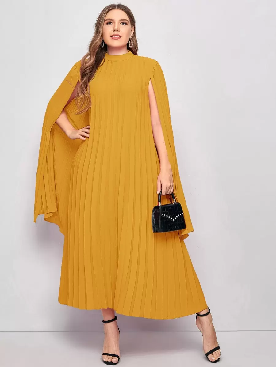 Modelyn Plus Pleated Solid Cape Dress - Mustard Yellow - View 1