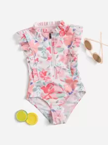 Toddler Girls Floral Print Zipper Front One Piece Swimsuit - Multicolor - View 1