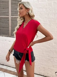 Áo sơ mi nữ Thắt nút Trọn gói màu trơn Giải trí - Đỏ - Xem 7