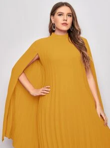 Modelyn Plus Pleated Solid Cape Dress - Mustard Yellow - View 3