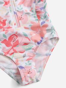 Toddler Girls Floral Print Zipper Front One Piece Swimsuit - Multicolor - View 5