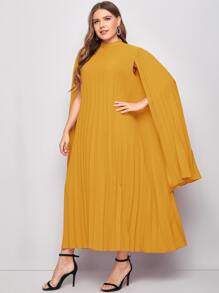 Modelyn Plus Pleated Solid Cape Dress - Mustard Yellow - View 5