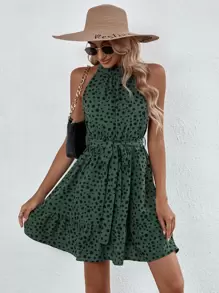 SHEIN Clasi 滿版印花腰帶掛脖洋裝