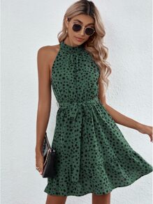 SHEIN Clasi 滿版印花腰帶掛脖洋裝