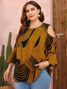 EMERY ROSE Plus Graphic Print Cold Shoulder Flounce Sleeve Blouse