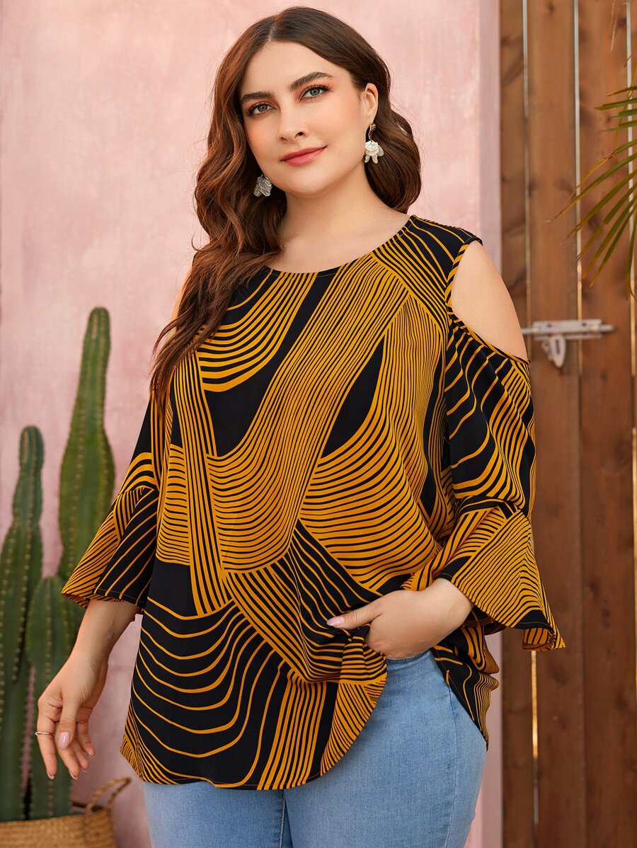 EMERY ROSE Plus Graphic Print Cold Shoulder Flounce Sleeve Blouse