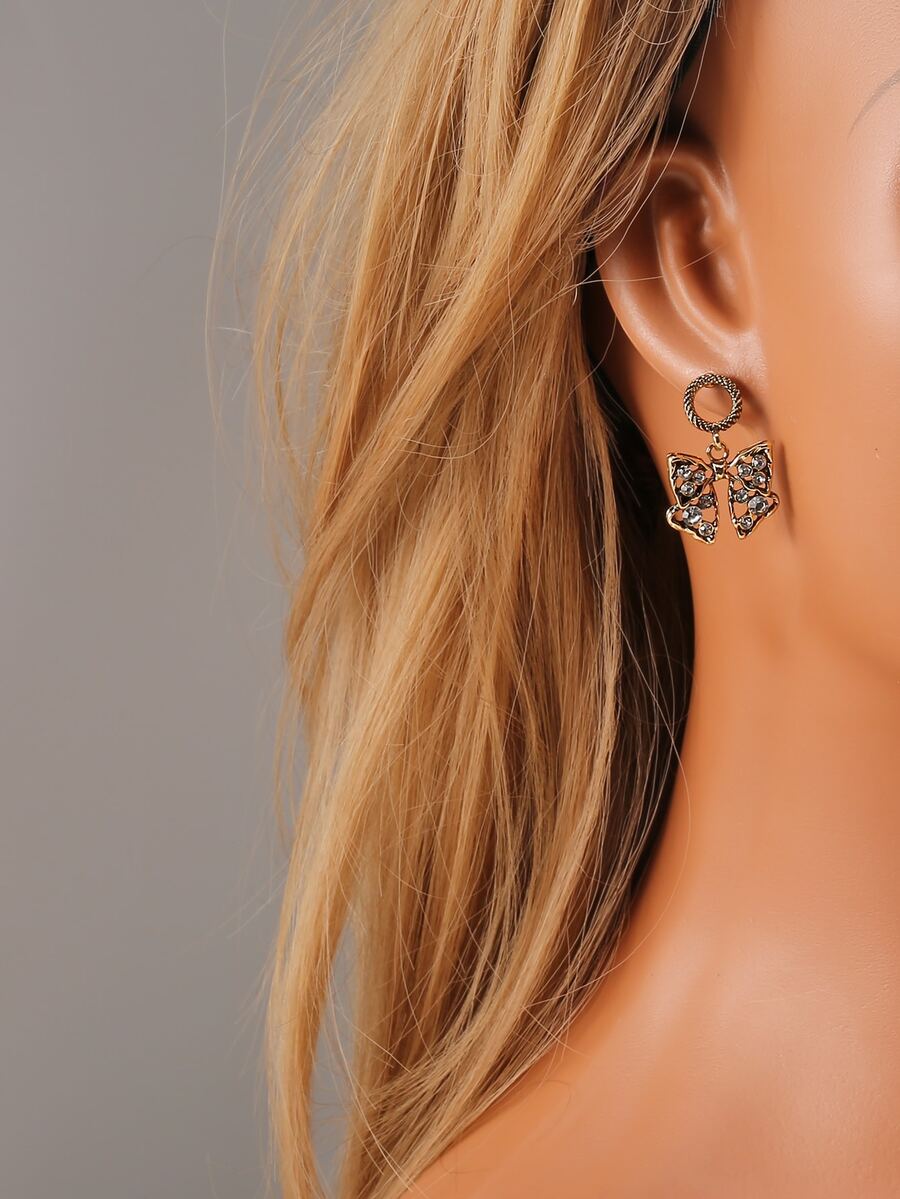 水鑽蝴蝶結耳墜 - 金黃色 - 查看 1