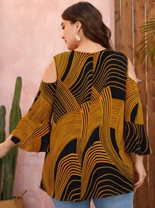 EMERY ROSE Plus Graphic Print Cold Shoulder Flounce Sleeve Blouse