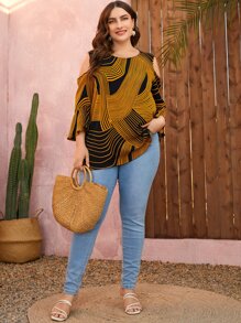 EMERY ROSE Plus Graphic Print Cold Shoulder Flounce Sleeve Blouse