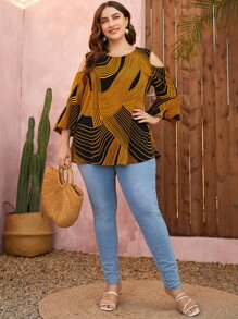 EMERY ROSE Plus Graphic Print Cold Shoulder Flounce Sleeve Blouse