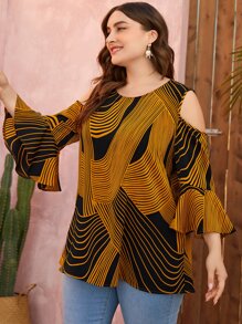 EMERY ROSE Plus Graphic Print Cold Shoulder Flounce Sleeve Blouse