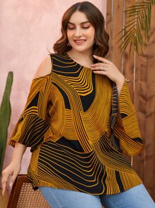 EMERY ROSE Plus Graphic Print Cold Shoulder Flounce Sleeve Blouse