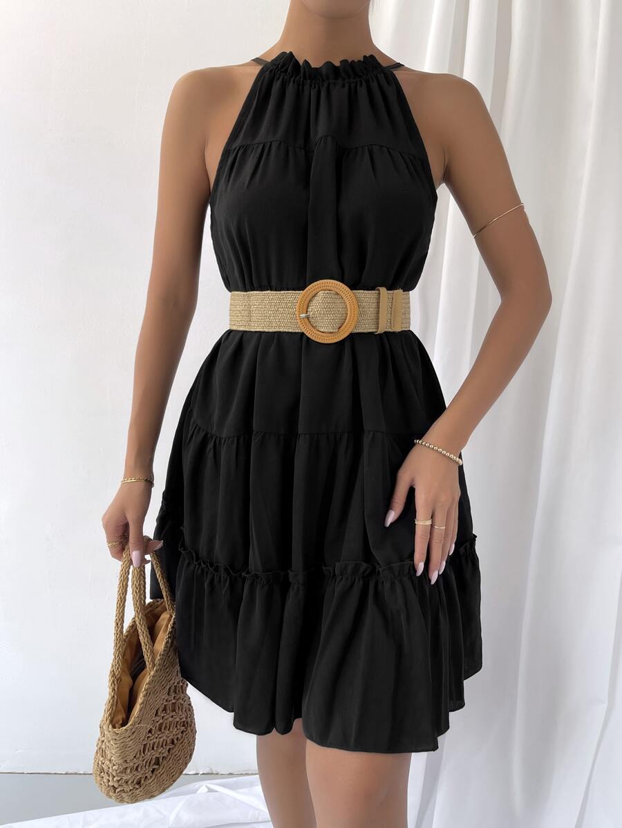 多層木耳邊下擺掛脖洋裝不附腰帶 - 黑色 - 查看 1