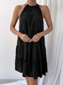 多層木耳邊下擺掛脖洋裝不附腰帶 - 黑色 - 查看 3