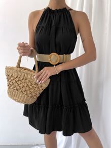 多層木耳邊下擺掛脖洋裝不附腰帶 - 黑色 - 查看 4