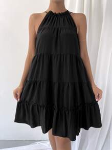 多層木耳邊下擺掛脖洋裝不附腰帶 - 黑色 - 查看 5