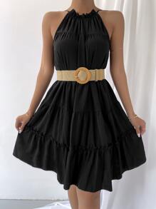 多層木耳邊下擺掛脖洋裝不附腰帶 - 黑色 - 查看 6