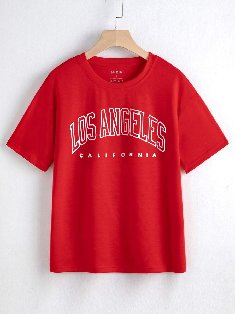 SHEIN EZwear Letter Graphic Drop Shoulder Tee - Red - View 1