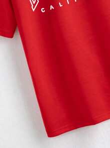 SHEIN EZwear Letter Graphic Drop Shoulder Tee - Red - View 3