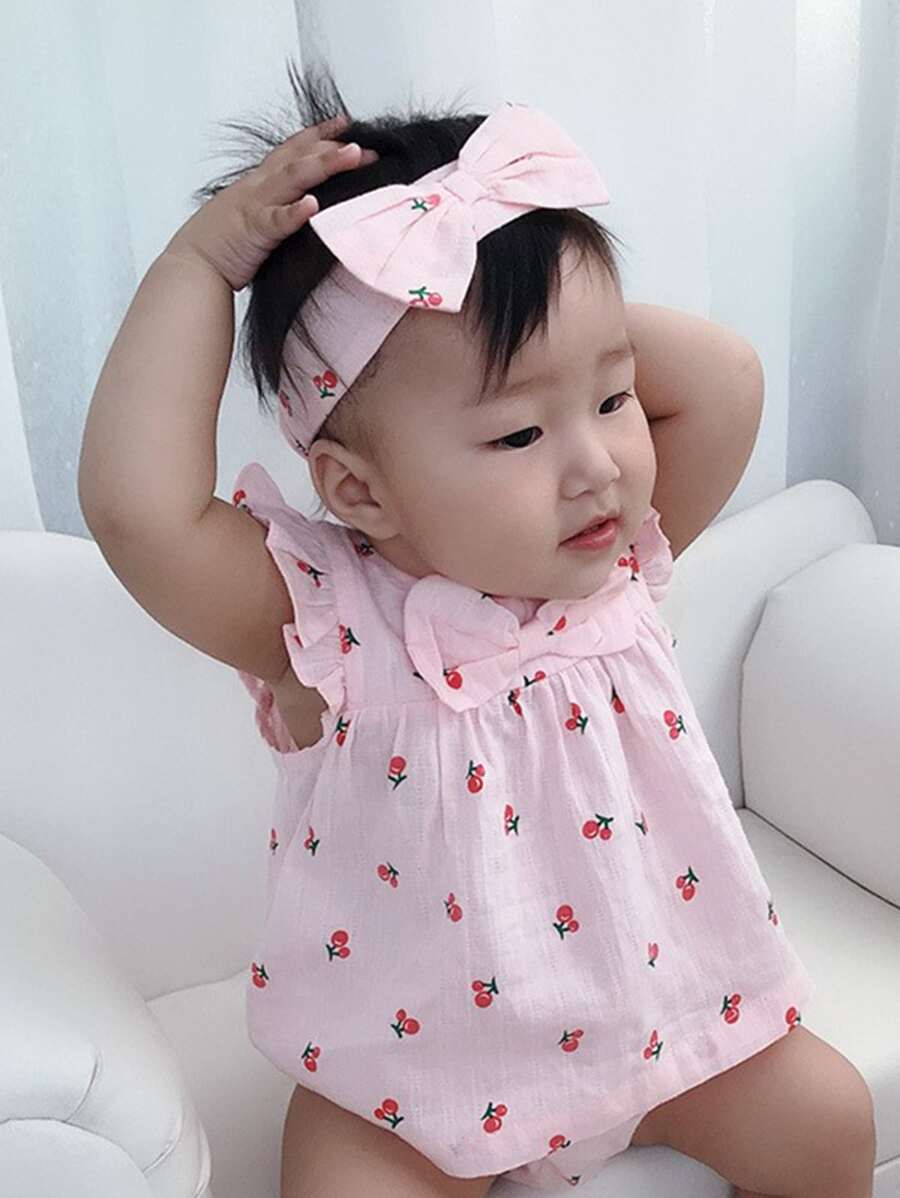 嬰兒櫻桃圖案荷葉邊上衣和短褲和髮帶 - 淺粉色 - 查看 1
