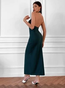 SHEIN Unity Women Dresses Backless Criss Cross Split Thigh Plain Seksi - Dark Green - View 4