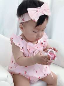 嬰兒櫻桃圖案荷葉邊上衣和短褲和髮帶 - 淺粉色 - 查看 5