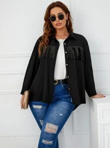 Plus Drop Shoulder Rhinestone Fringe Trim Shirt - Black - View 1