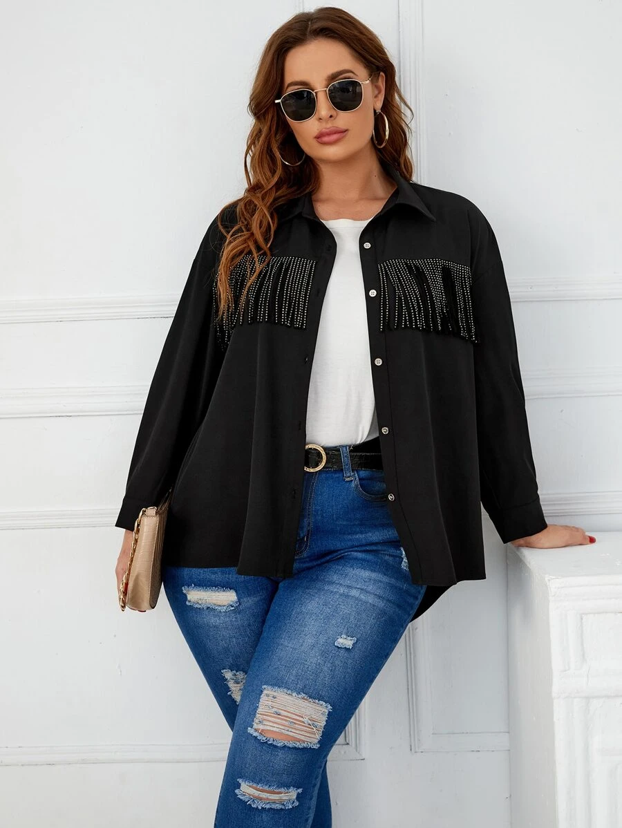 Plus Drop Shoulder Rhinestone Fringe Trim Shirt - Black - View 1