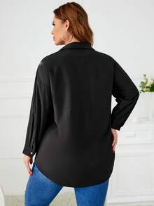 Plus Drop Shoulder Rhinestone Fringe Trim Shirt - Black - View 2