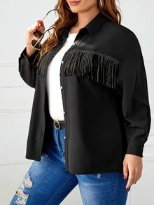 Plus Drop Shoulder Rhinestone Fringe Trim Shirt - Black - View 4