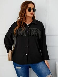 Plus Drop Shoulder Rhinestone Fringe Trim Shirt - Black - View 5