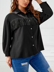 Plus Drop Shoulder Rhinestone Fringe Trim Shirt - Black - View 6